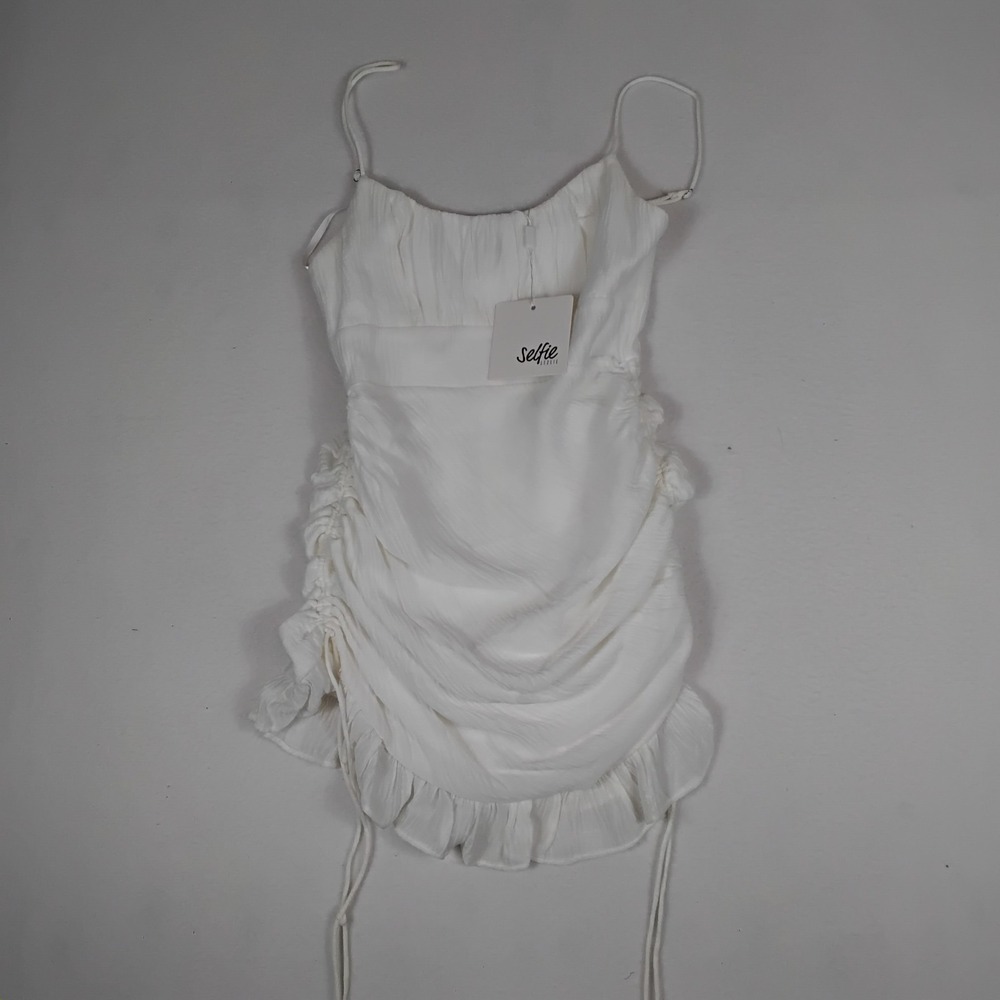 Selfie Leslie White Ruched Mini Dress XS NWT Ruffle Drawstring Bodycon Bridal